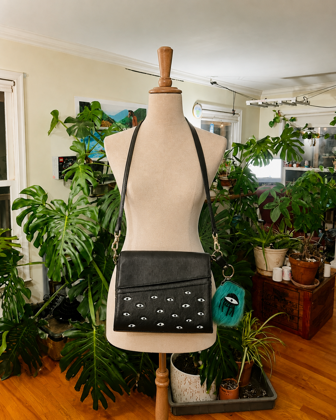 Min & Mon Black Leather Eye Motif Shoulder Bag with Furry Charm