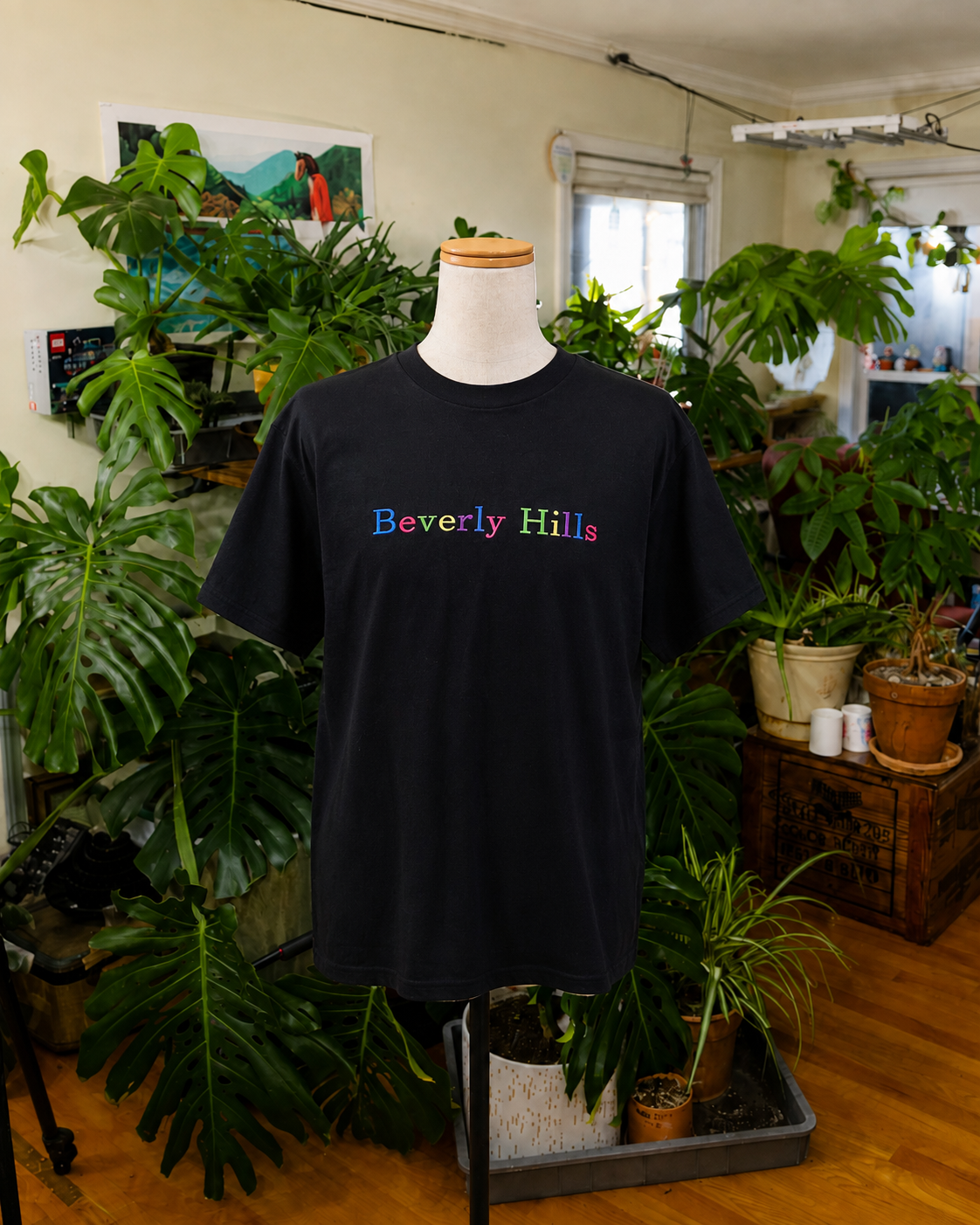 Vintage Beverly Hills Rainbow Text T-Shirt – Black