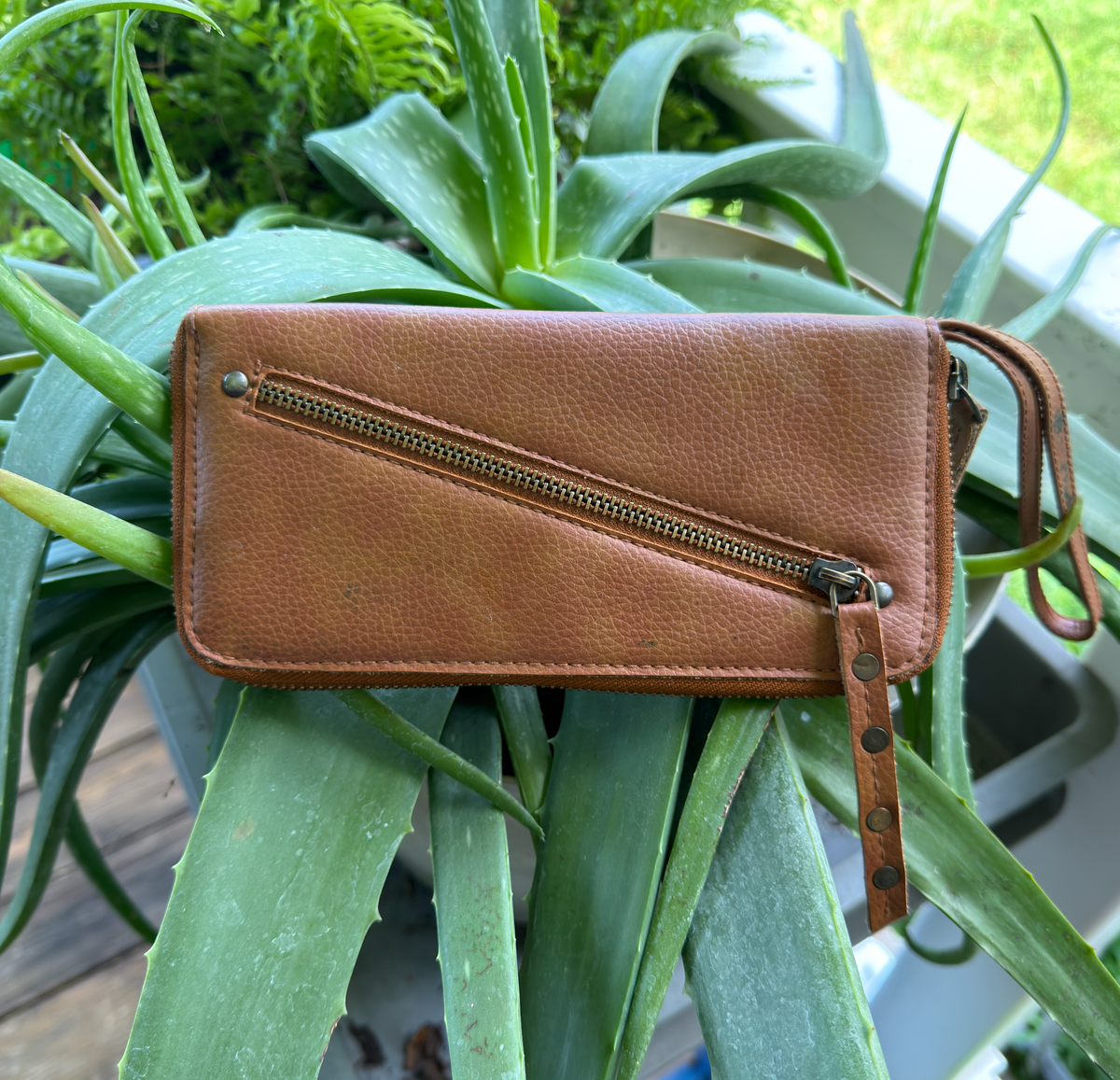 Brown Pebbled Faux Leather Zip-Around Wristlet Wallet