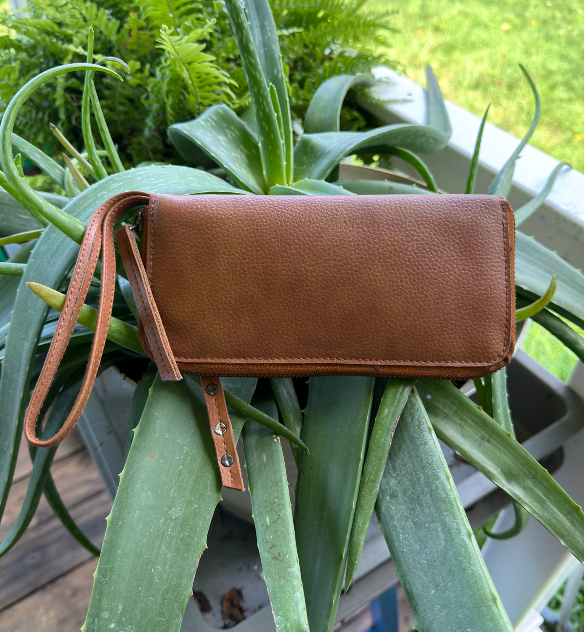Brown Pebbled Faux Leather Zip-Around Wristlet Wallet