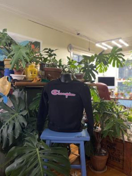Vintage Champion Black Sweatshirt with Colorful Logo - Size M